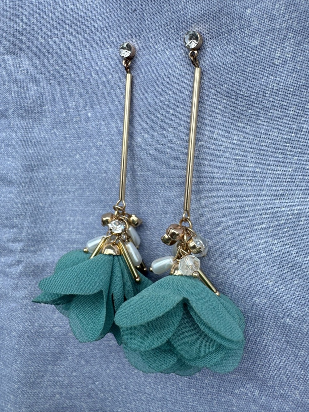 Drop Earrings with Teal Fabric Petals and beading - Picture 4 of 9